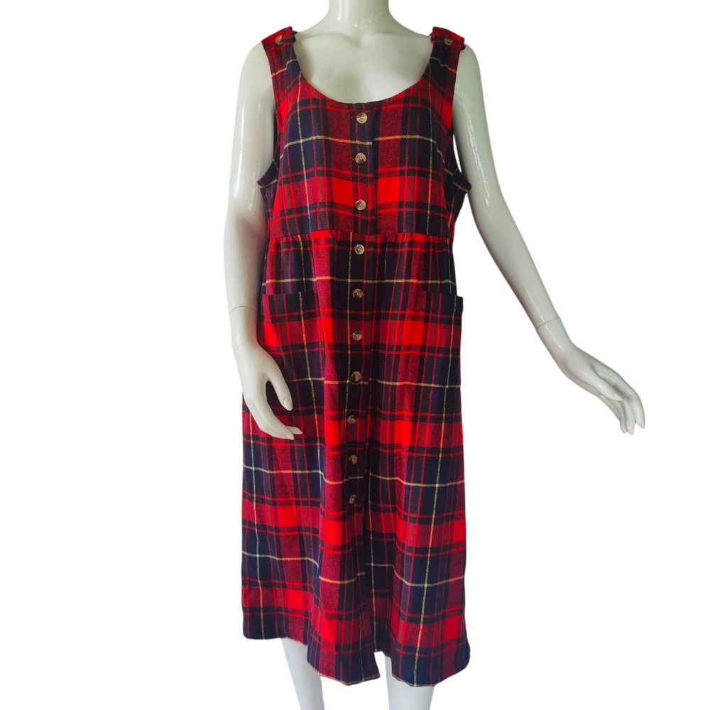 Vintage Red Tartan Plaid Flannel Pinafore Jumper Dress Midi Academia Grunge Lrg